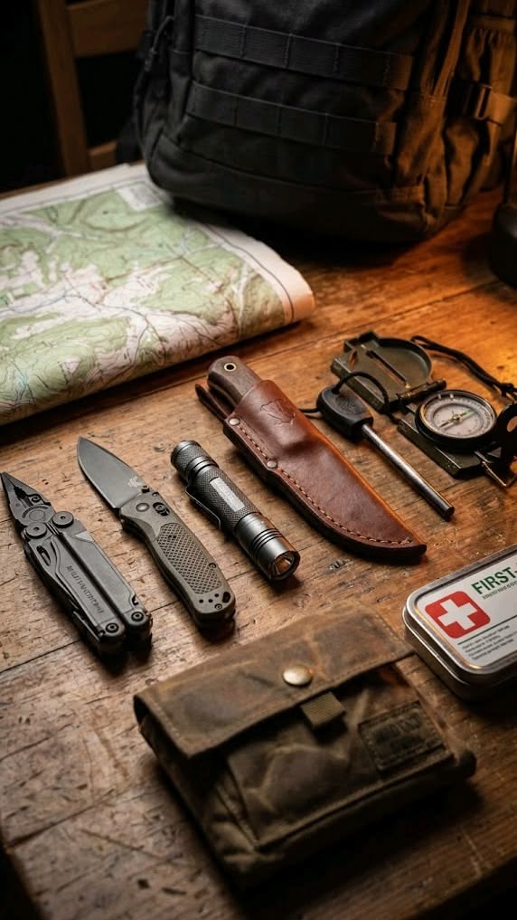 Survival gear laid out on a wooden table with map and compass